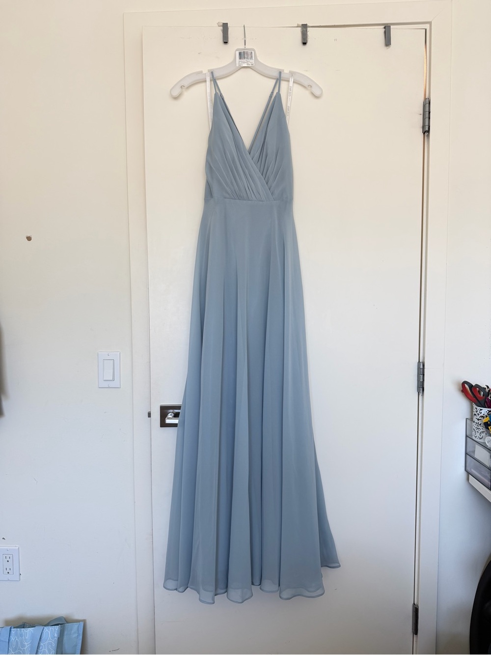 David's Bridal Dusty Blue Chiffon V-Neck Maxi Dress